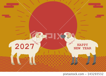A Japanese-modern New Year's card frame for the Year of the Sheep (2027), featuring a message space with the first sunrise of the year and an auspicious Japanese pattern background. A Japanese-modern New Year's card frame for the Year of the Sheep (2027), featuring a message space with the first sunrise of the year and an auspicious Japanese pattern background. 143293532