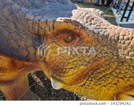 Close-up of the eye of a dinosaur (stegosaurus) sculpture. Close-up of the eye of a dinosaur (stegosaurus) sculpture. 143294242