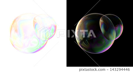 兩個肥皂泡,一大一小,連在一起。 3DCG圖形。雙面設計:黑色背景和透明背景。 兩個肥皂泡,一大一小,連在一起。 3DCG圖形。雙面設計:黑色背景和透明背景。 143294446