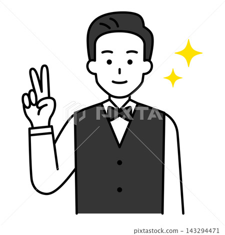 A male restaurant employee makes a peace sign. 143294471