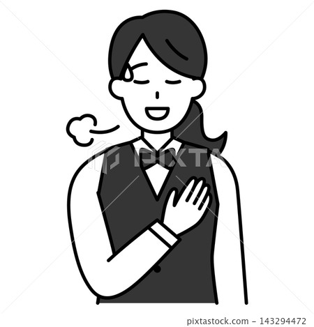 A female restaurant employee puts her hand on her chest and looks relieved. A female restaurant employee puts her hand on her chest and looks relieved. 143294472