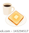 An illustration of coffee in a mug and buttered toast on a plate. 143294517