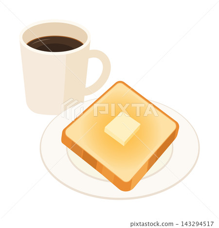 An illustration of coffee in a mug and buttered toast on a plate. An illustration of coffee in a mug and buttered toast on a plate. 143294517