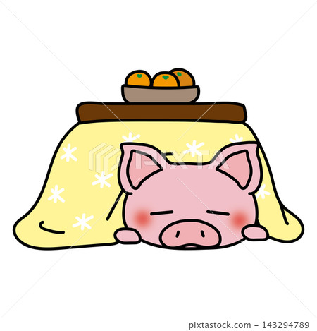 A pig sleeping under a heated table (kotatsu) 143294789