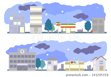 一組插圖,描繪了星空下的夜景城市景觀,包括學校、商店和房屋。 一組插圖,描繪了星空下的夜景城市景觀,包括學校、商店和房屋。 143295358