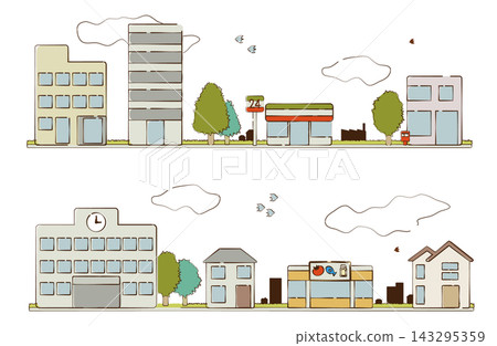 A set of streetscape illustrations featuring schools, shops, and houses, with outlines. 143295359