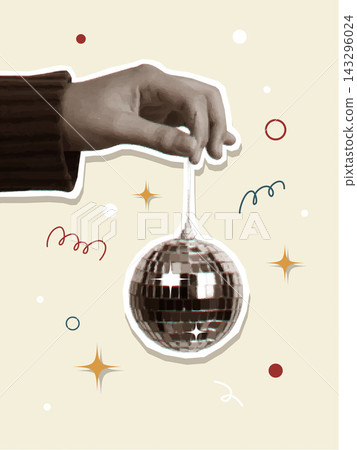 Retro collage art with hand holding disco ball for party celebration Retro collage art with hand holding disco ball for party celebration 143296024