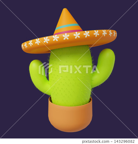 3D rendering of 3D green cactus with sombrero hat illustration for Day of the Dead 3D rendering of 3D green cactus with sombrero hat illustration for Day of the Dead 143296082