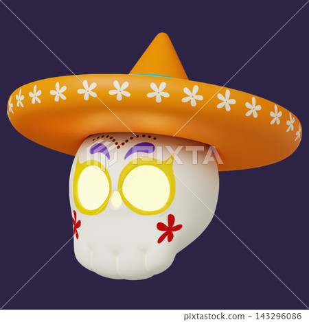 3D rendering of 3D Sugar Skull Wearing Sombrero Hat for Day of the Dead Fiesta 3D rendering of 3D Sugar Skull Wearing Sombrero Hat for Day of the Dead Fiesta 143296086