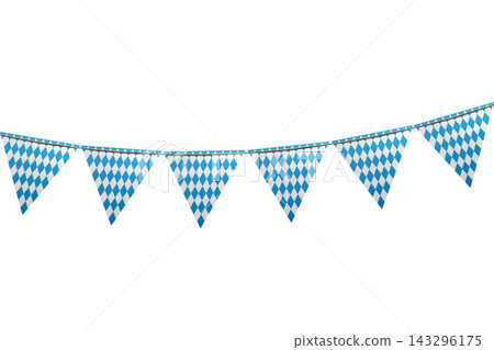 Bavarian blue and white diamond pattern triangular pennants hanging on a rope isolated on a white background. Bavarian Oktoberfest Festival Bavarian blue and white diamond pattern triangular pennants hanging on a rope isolated on a white background. Bavarian Oktoberfest Festival 143296175