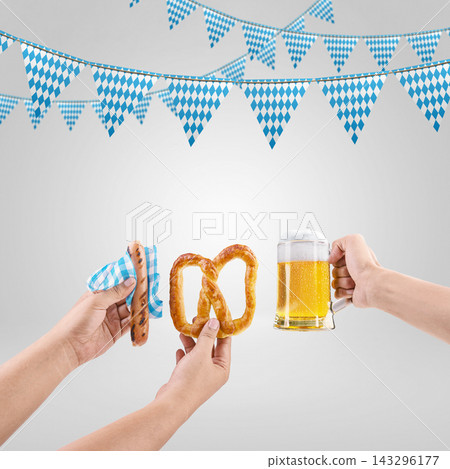 Oktoberfest celebration with traditional Bavarian food like sausage, pretzel, and beer mug, decorated with blue and white diamond bunting flags on gray background. Bavarian Oktoberfest Festival Oktoberfest celebration with traditional Bavarian food like sausage, pretzel, and beer mug, decorated with blue and white diamond bunting flags on gray background. Bavarian Oktoberfest Festival 143296177