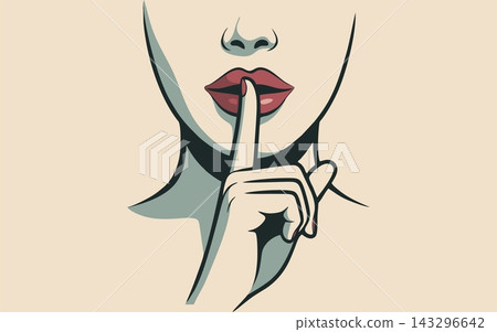 Minimalist Pop Art Illustration of Woman Holding Finger to Red Lips for Silence 143296642