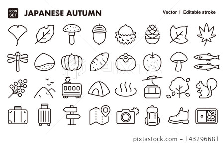 Icon set for Japanese autumn, leaf viewing, and leisure activities (thin lines, vector materials) - Japanese events, Japanese culture materials Icon set for Japanese autumn, leaf viewing, and leisure activities (thin lines, vector materials) - Japanese events, Japanese culture materials 143296681