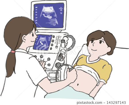 Full-color illustration of a woman undergoing an abdominal ultrasound examination and the technician performing the examination. Hand-drawn style stylization (ultrasound examination, human) Full-color illustration of a woman undergoing an abdominal ultrasound examination and the technician performing the examination. Hand-drawn style stylization (ultrasound examination, human) 143297143
