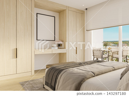 modern bedroom with wooden bed modern bedroom with wooden bed 143297180
