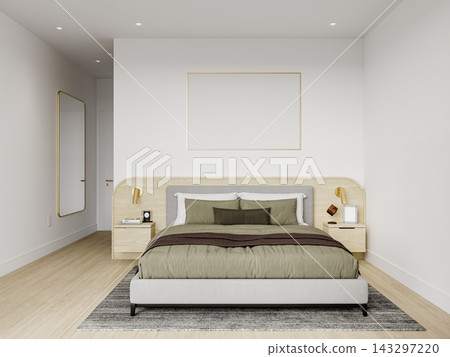 white bedroom in modern style with wood wall and floor 143297220