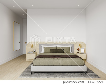 white bedroom in modern style with bed and pillows white bedroom in modern style with bed and pillows 143297221