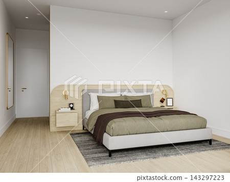 white bedroom in modern style with wooden bed white bedroom in modern style with wooden bed 143297223