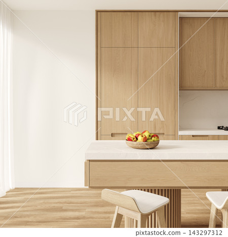 modern kitchen interior with wooden table modern kitchen interior with wooden table 143297312