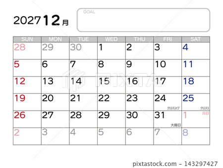 2027年曆 - 12月 - 星期日開始 143297427