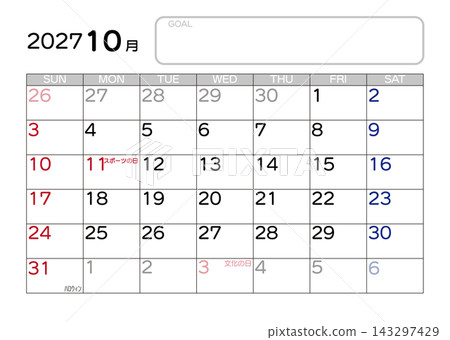 2027 Calendar - October - Sunday Start 2027 Calendar - October - Sunday Start 143297429