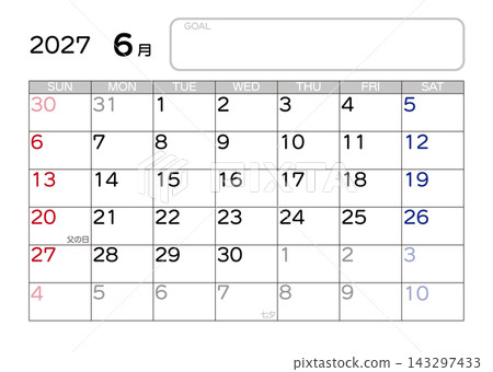 2027 Calendar - June - Sunday Start 143297433