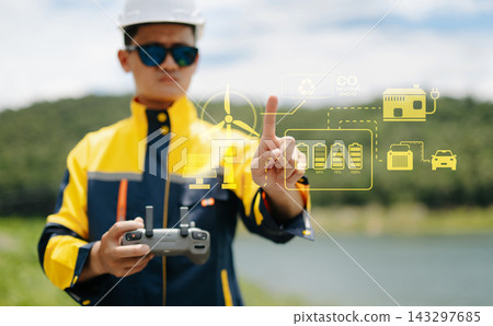 Engineer operating a drone outdoors. Glowing HUD displays renewable energy, CO2 neutral, and green tech icons against a lush backdrop. Engineer operating a drone outdoors. Glowing HUD displays renewable energy, CO2 neutral, and green tech icons against a lush backdrop. 143297685