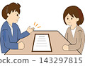An illustration of a man and woman explaining and discussing something while looking at documents. 143297815