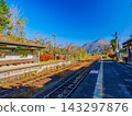 A local railway scene captured from the platform of Minami-Yufu Station on a clear autumn morning, showing the station platform and tracks stretching straight towards Mount Yufu. A local railway scene captured from the platform of Minami-Yufu Station on a clear autumn morning, showing the station platform and tracks stretching straight towards Mount Yufu. 143297876