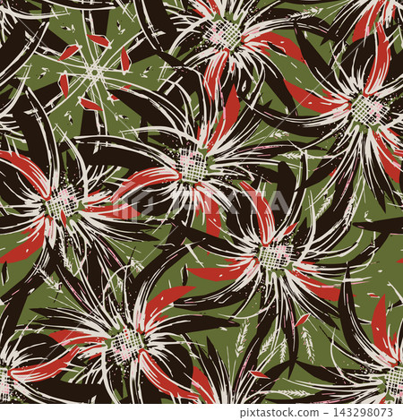 Decorative seamless floral pattern with expressive brush strokes, bold abstract blossoms, olive green background, dark curves, red accents, and hand painted texture for fabric, wallpaper, wrapping. Decorative seamless floral pattern with expressive brush strokes, bold abstract blossoms, olive green background, dark curves, red accents, and hand painted texture for fabric, wallpaper, wrapping. 143298073