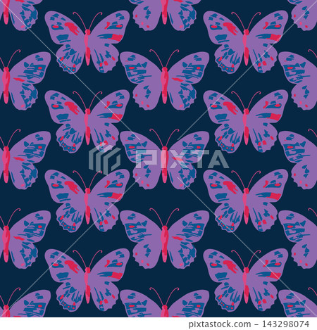Decorative seamless repeat of stylized butterflies in purple, pink, and blue on dark navy background, creating bold ornamental surface design for wallpaper, fabric, textile, packaging, and stationery. Decorative seamless repeat of stylized butterflies in purple, pink, and blue on dark navy background, creating bold ornamental surface design for wallpaper, fabric, textile, packaging, and stationery. 143298074