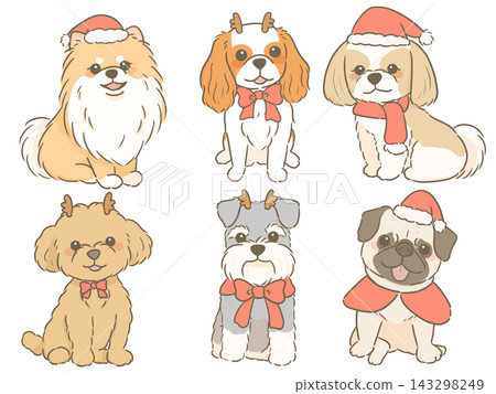 A hand-drawn illustration of six dogs wearing Christmas costumes (Santa hats, reindeer antlers). A hand-drawn illustration of six dogs wearing Christmas costumes (Santa hats, reindeer antlers). 143298249