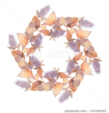 Watercolor wreath of dried leaves and thistle seed heads in muted orange and lavender tones, circular botanical frame with central negative space for lettering, soft brushstroke texture Watercolor wreath of dried leaves and thistle seed heads in muted orange and lavender tones, circular botanical frame with central negative space for lettering, soft brushstroke texture 143298345