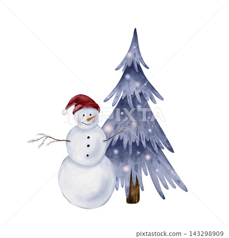 Hand painted watercolor Christmas template with snowman in a red pompom hat beside a blue fir tree with glowing lights and falling snow, dusty blue palette, copy space on the left, white background. Hand painted watercolor Christmas template with snowman in a red pompom hat beside a blue fir tree with glowing lights and falling snow, dusty blue palette, copy space on the left, white background. 143298909