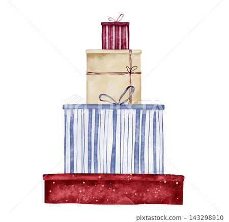 Hand painted watercolor tower of four stacked gift boxes in burgundy striped, dusty blue striped and dark red polka dot wrapping. Present pile for birthday, Christmas and celebration cards. Hand painted watercolor tower of four stacked gift boxes in burgundy striped, dusty blue striped and dark red polka dot wrapping. Present pile for birthday, Christmas and celebration cards. 143298910