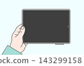 An illustration of a hand holding a tablet horizontally in one hand. 143299158