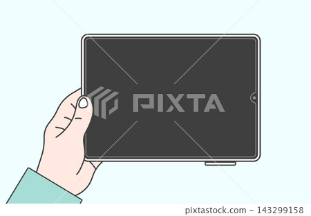 An illustration of a hand holding a tablet horizontally in one hand. An illustration of a hand holding a tablet horizontally in one hand. 143299158