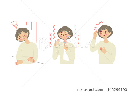 An illustration of a woman in her 50s suffering from menopausal symptoms. An illustration of a woman in her 50s suffering from menopausal symptoms. 143299190