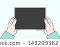 An illustration of a person holding a horizontally oriented tablet with both hands. 143299362