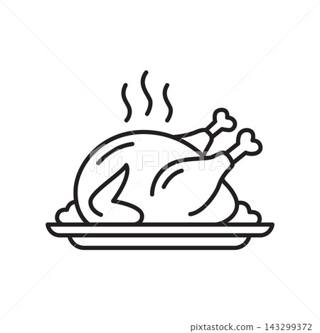 A simple black and white outline icon of a hot cooked roasted turkey served on a platter for Thanksgiving dinner. A simple black and white outline icon of a hot cooked roasted turkey served on a platter for Thanksgiving dinner. 143299372