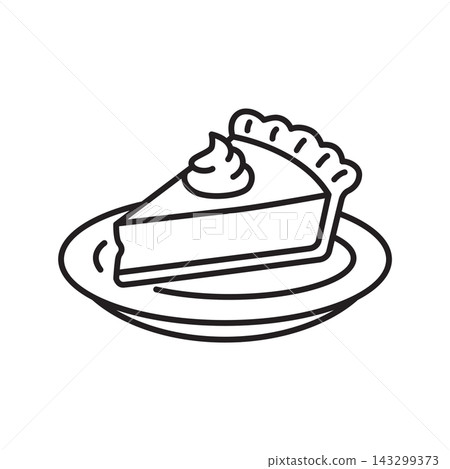 A simple black and white outline icon of a slice of pie topped with whipped cream on a plate. A simple black and white outline icon of a slice of pie topped with whipped cream on a plate. 143299373