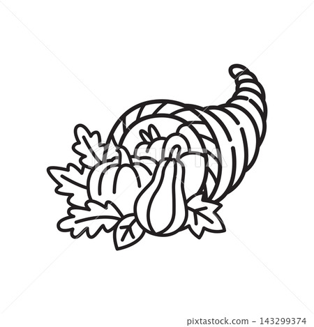 A simple black and white outline icon of a traditional cornucopia filled with autumn vegetables and fruits. A simple black and white outline icon of a traditional cornucopia filled with autumn vegetables and fruits. 143299374