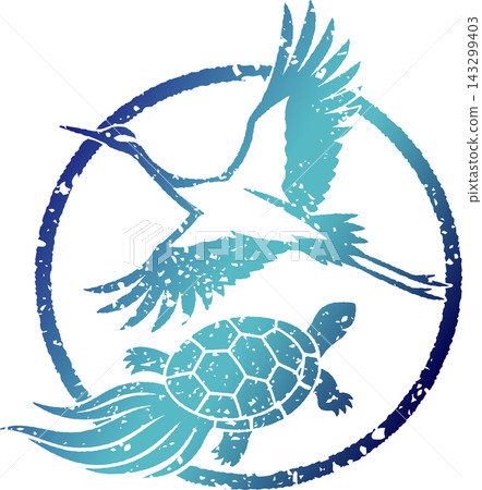 A stamp featuring a Japanese-style illustration of a crane and a turtle, with beautiful gradation. 143299403