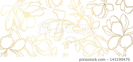 Elegant magnolia flower line art pattern with botanical branches on white background 143299470
