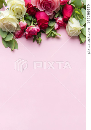 Romantic floral border with pink and white roses Romantic floral border with pink and white roses 143299479