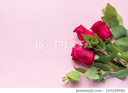 Red roses bouquet with eucalyptus on pink background Red roses bouquet with eucalyptus on pink background 143299480