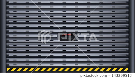 Heavy security metal shutter door with electronic digital keypad and warning stripes vector illustration Heavy security metal shutter door with electronic digital keypad and warning stripes vector illustration 143299513