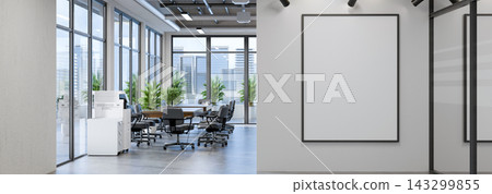 3D Illustration of Modern Open Office Interior with Blank Wall Frames, Conference Table, and City View 3D Illustration of Modern Open Office Interior with Blank Wall Frames, Conference Table, and City View 143299855