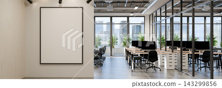 3D Illustration of Modern Open Plan Office Interior with Blank Frame Mockup, Workstations, and City View 3D Illustration of Modern Open Plan Office Interior with Blank Frame Mockup, Workstations, and City View 143299856