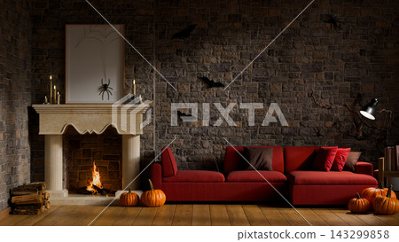 Halloween 3D Illustration of Spooky Living Room with Fireplace, Pumpkins, Bats, and Red Sofa on Autumn Decoration 143299858